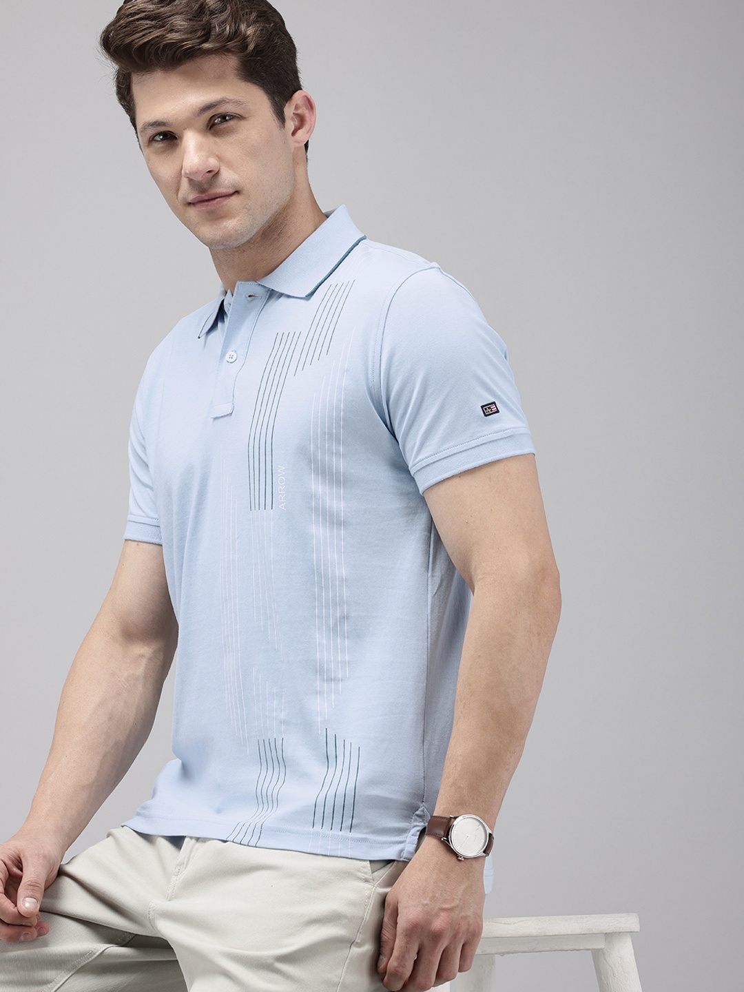 

Arrow Striped Polo Collar Pure Cotton T-shirt, Blue