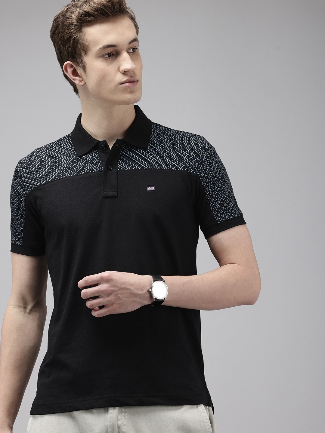 

Arrow Printed Polo Collar Pure Cotton T-shirt, Black