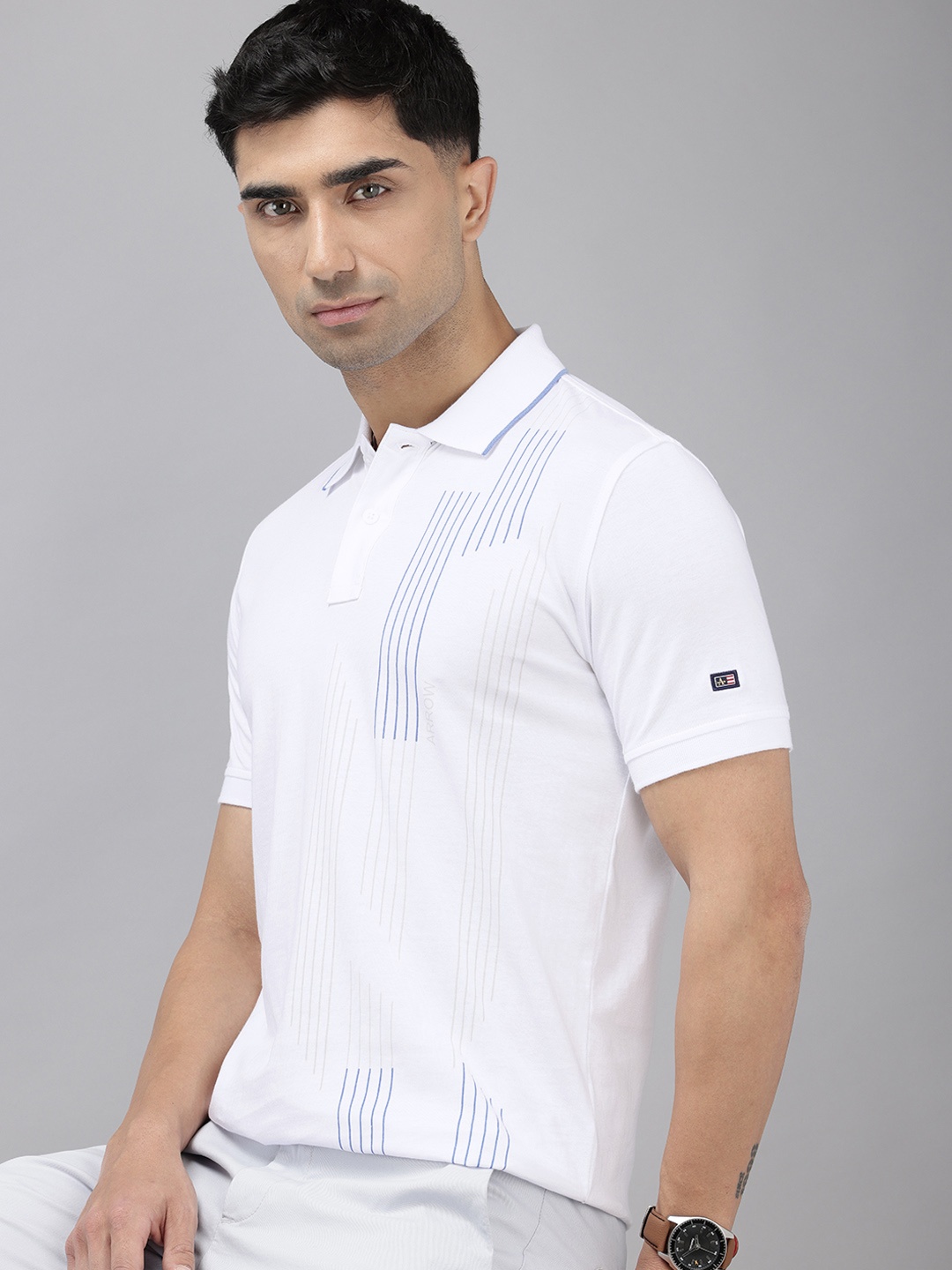 

Arrow Striped Polo Collar Pure Cotton T-shirt, White
