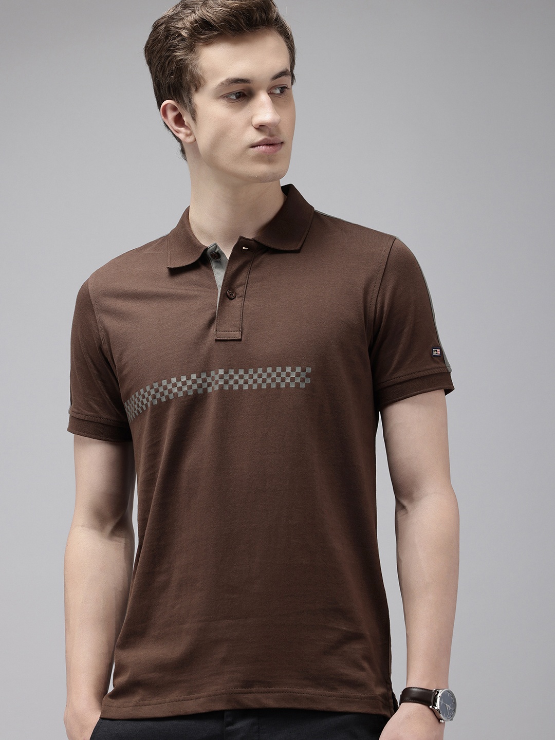 

Arrow Pure Cotton Geometric Printed Polo Collar T-shirt, Coffee brown