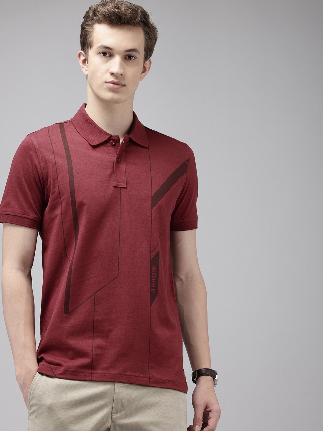 

Arrow Pure Cotton Geometric Printed Polo Collar T-shirt, Maroon