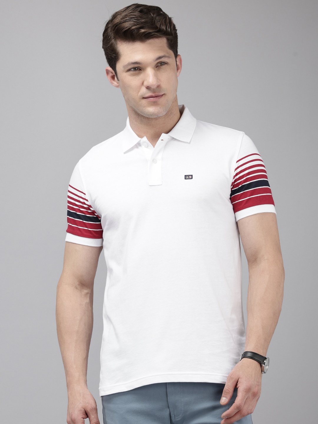 

Arrow Striped Polo Collar Pure Cotton T-shirt, White