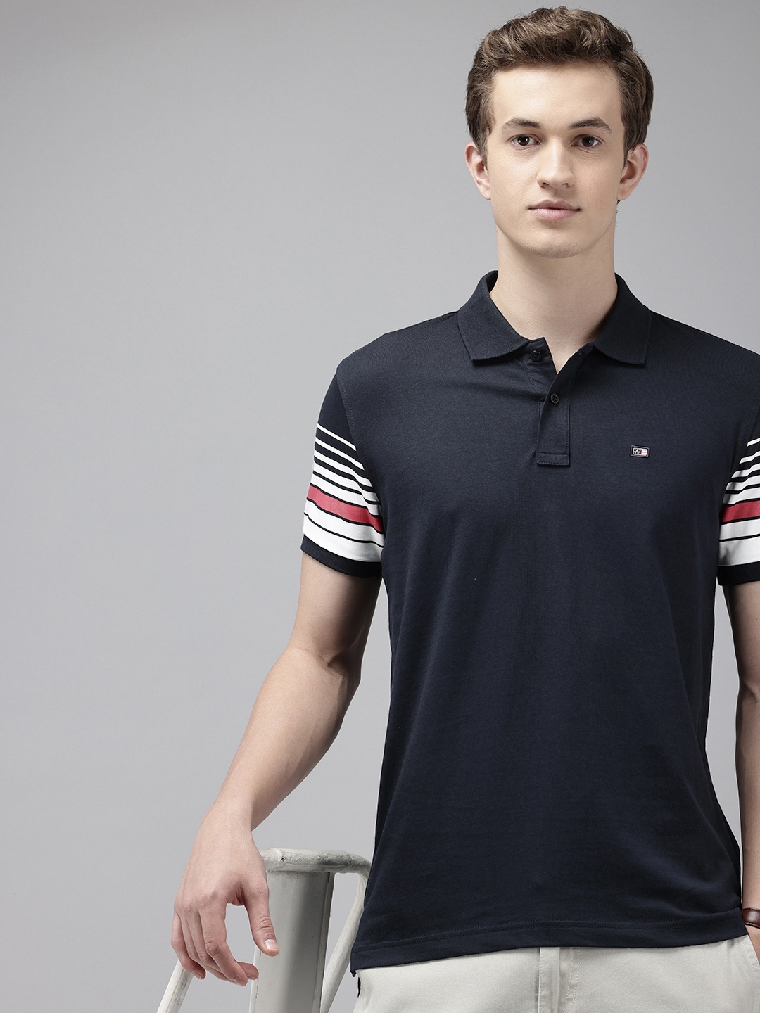 

Arrow Striped Polo Collar Pure Cotton T-shirt, Navy blue