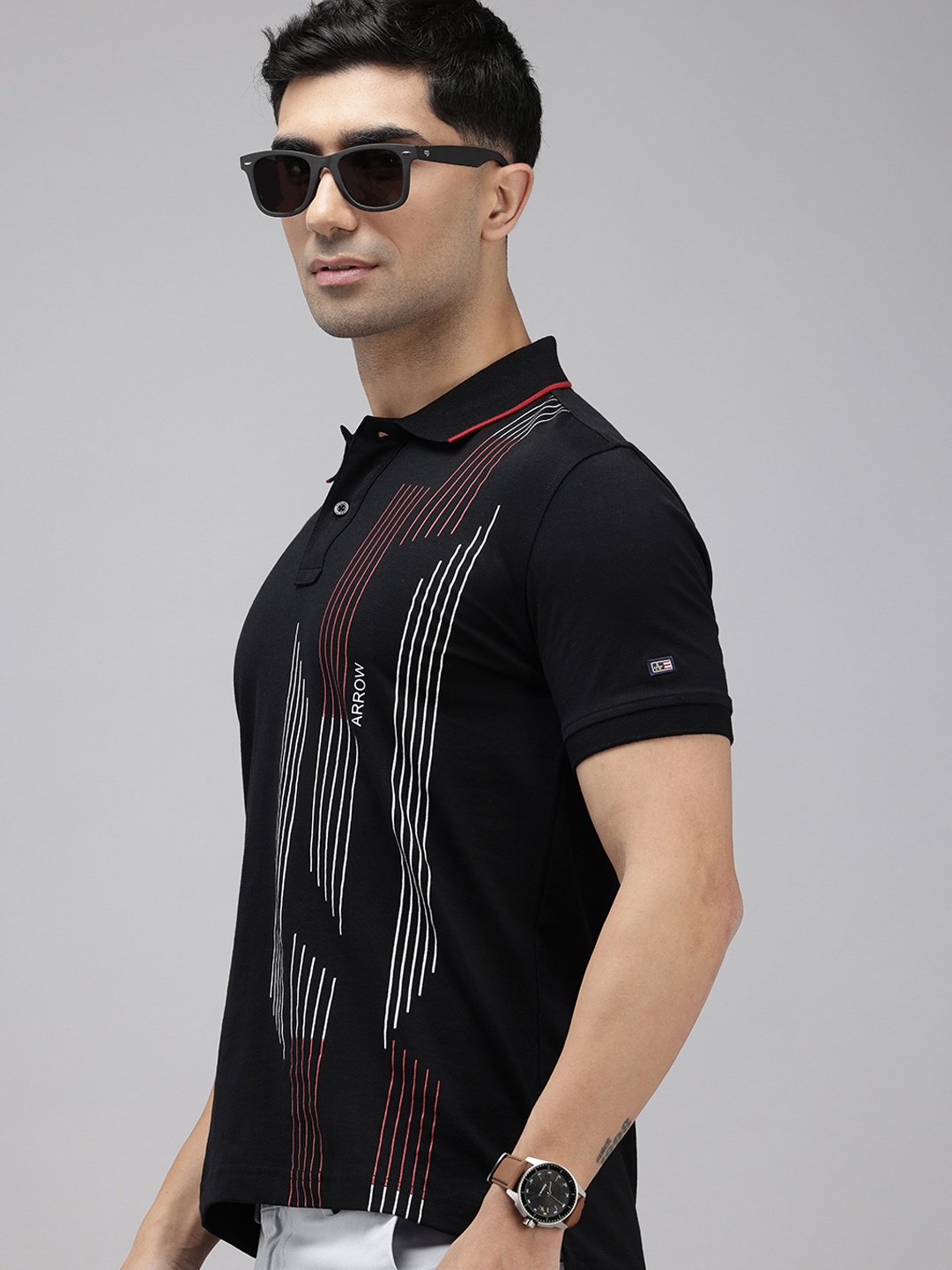 

Arrow Striped Polo Collar Pure Cotton T-shirt, Black