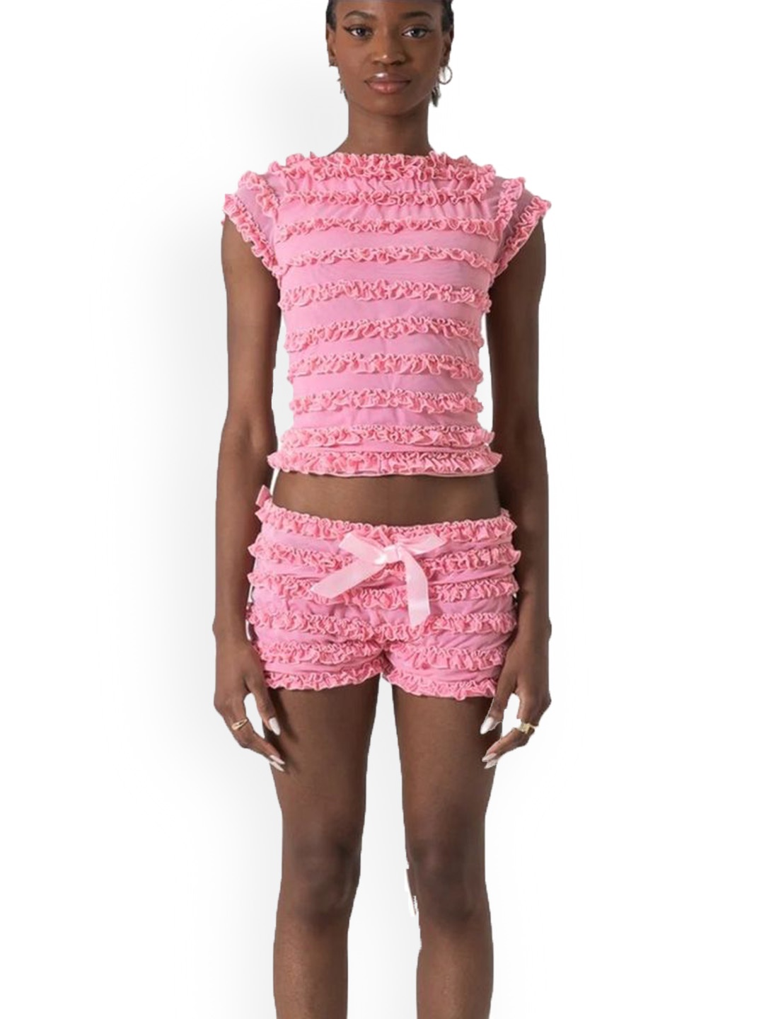 LULU & SKY Embellished Round Neck Short Sleeves Top With Shorts, Pink