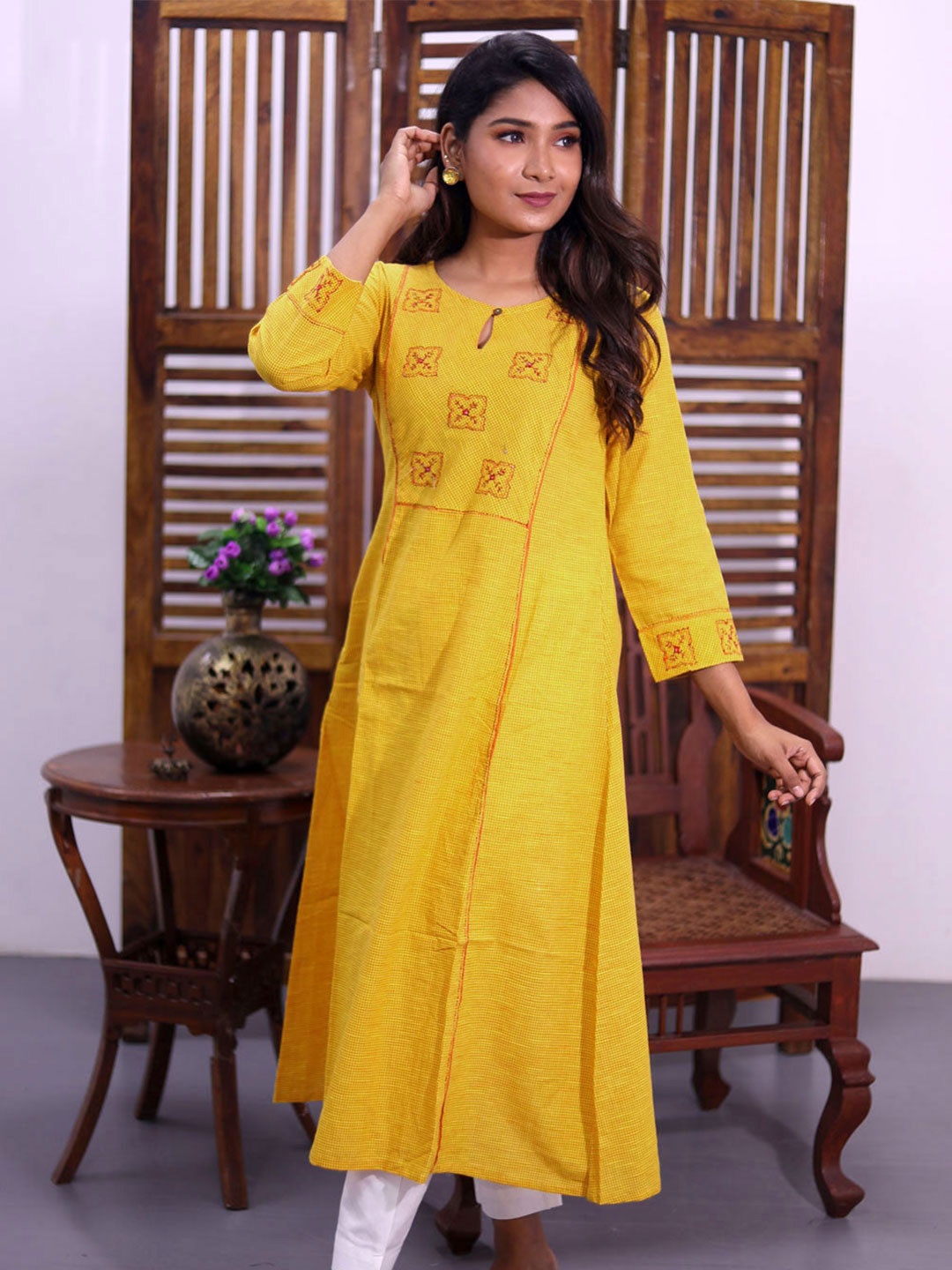 

Avishya Pure Cotton Checked Embroidered Thread Work A-Line Kurta, Yellow