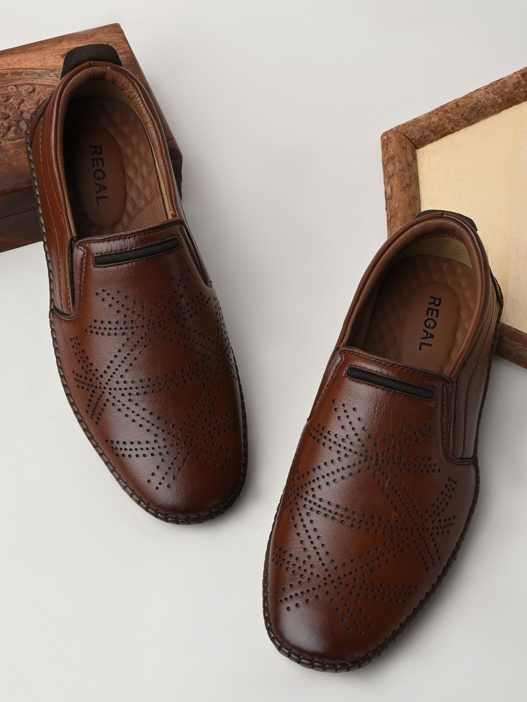 

Regal Men Leather Slip-On Sneakers with Laser Cuts, Tan
