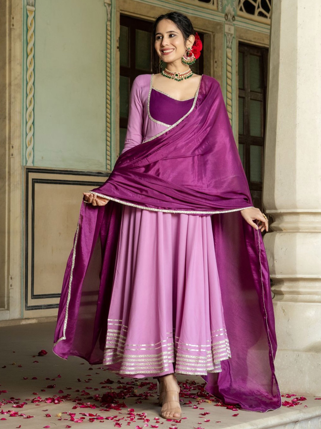 

GoSriKi Women Gotta Patti Kurta with Trousers & With Dupatta, Lavender