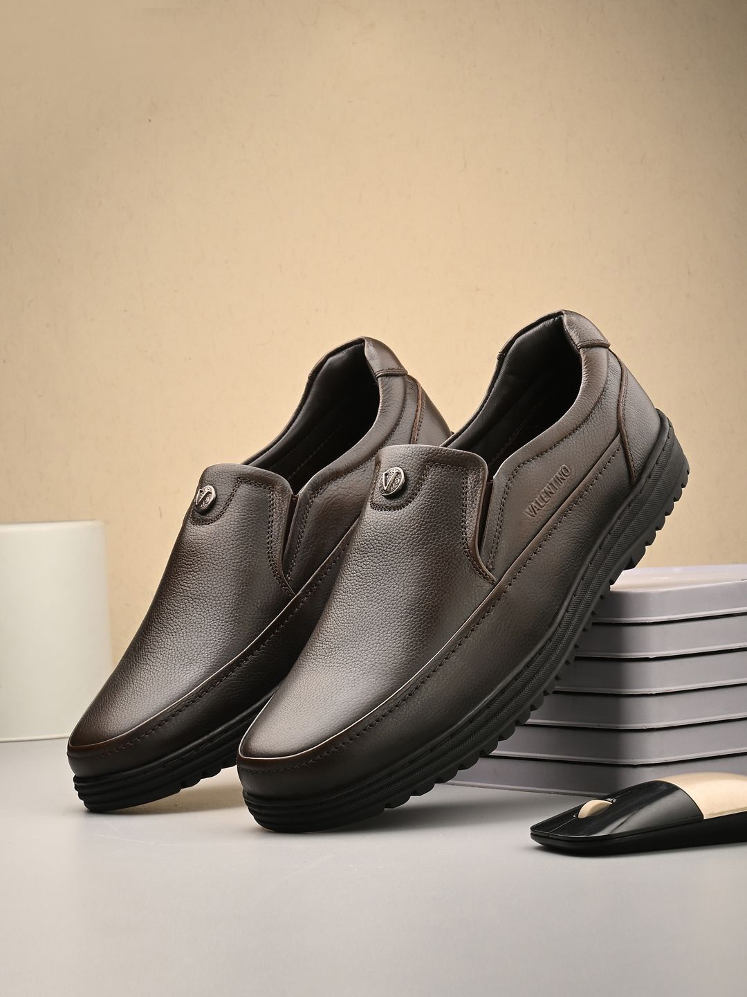 

Valentino Men Leather Formal Slip-On Shoes, Brown