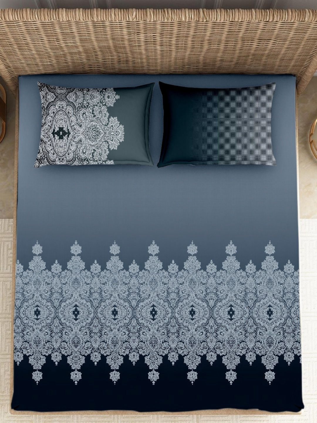 

VINTANA Blue & Navy Blue Ethnic Motifs 250 TC Cotton King Bedsheet Set 2.74 m x 2.74 m