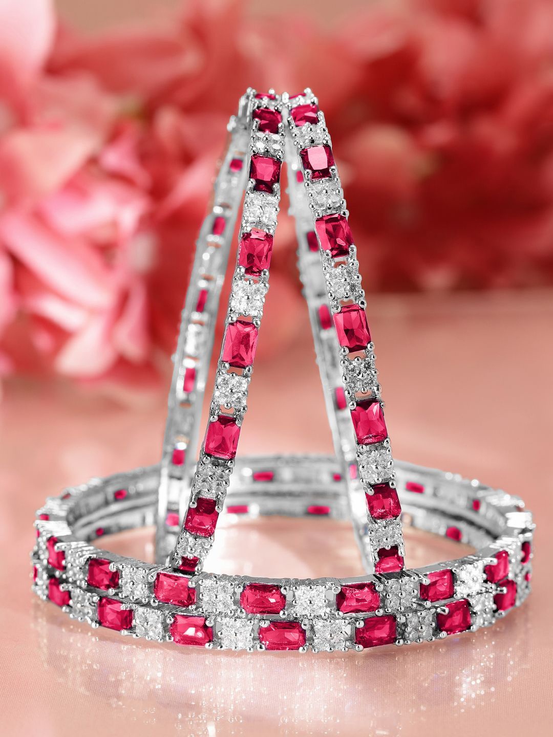 

Rubans Set of 4 Rhodium-Plated Ruby Pink & White Cubic Zirconia Studded Bangles, Silver