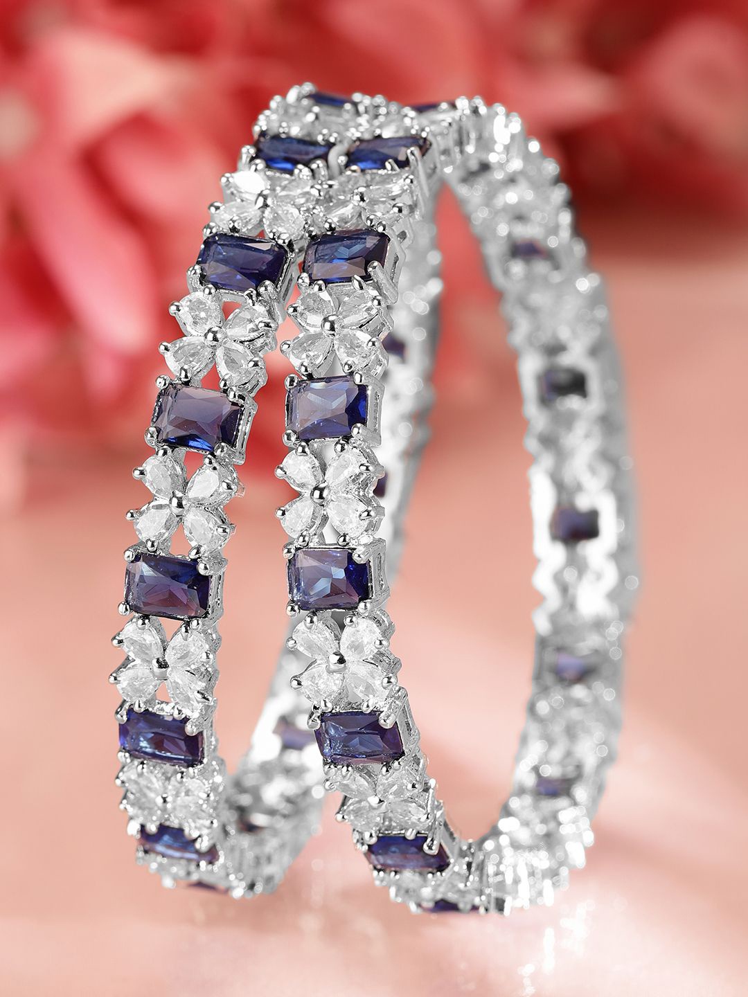 

Rubans Set of 2 Rhodium-Plated Blue Sapphire & Cubic Zirconia Studded Handcrafted Bangles, Silver