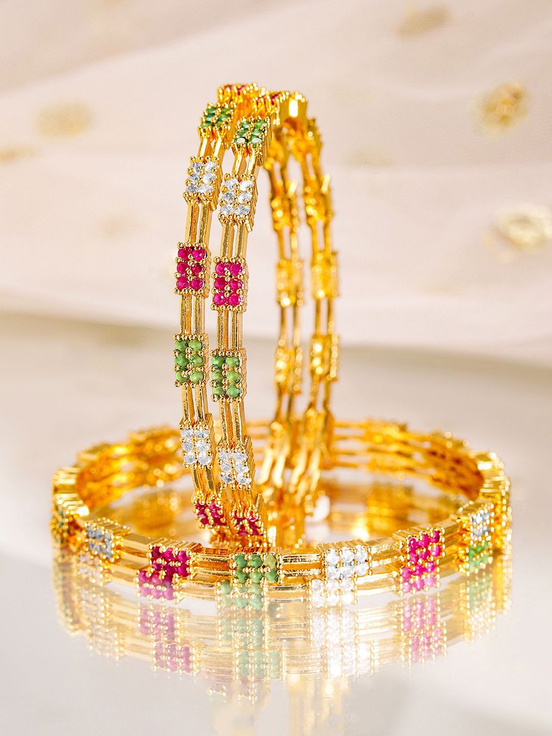 

Rubans Set of 4, 22K Gold-Plated Multicolor Stone & Cubic Zirconia Handcrafted Bangles
