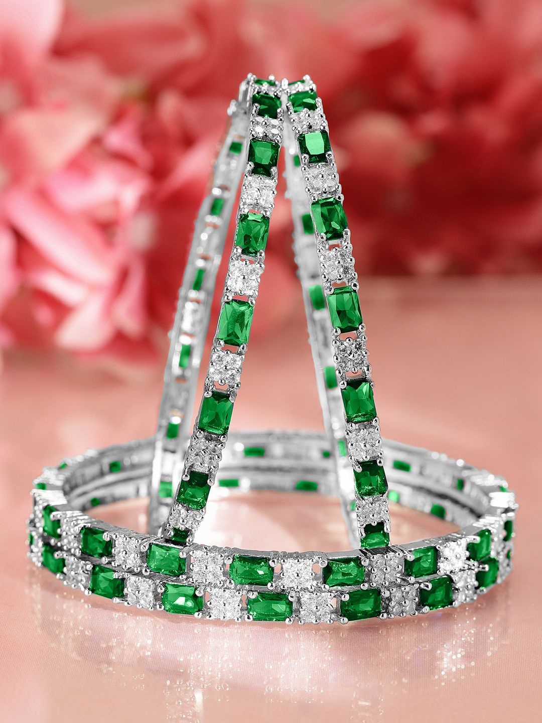 

Rubans Set of 4 Rhodium-Plated Emerald Green & Cubic Zirconia Studded Bangles, Silver