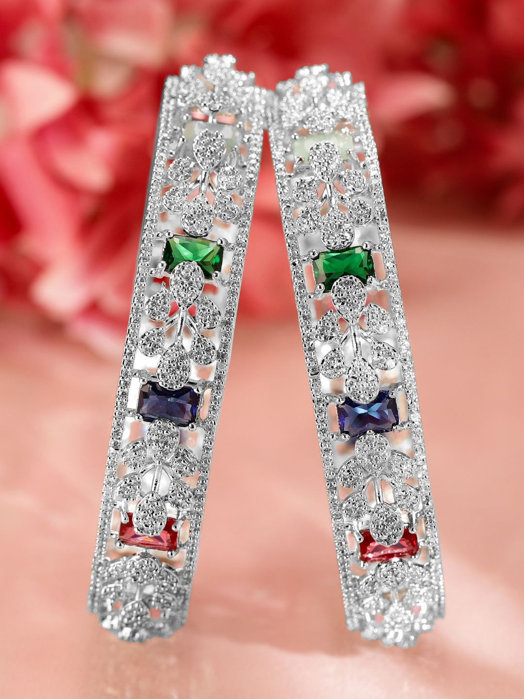 

Rubans Set of 2 Rhodium-Plated Multicolor AAA Cubic Zirconia Studded Handcrafted Bangles, Silver