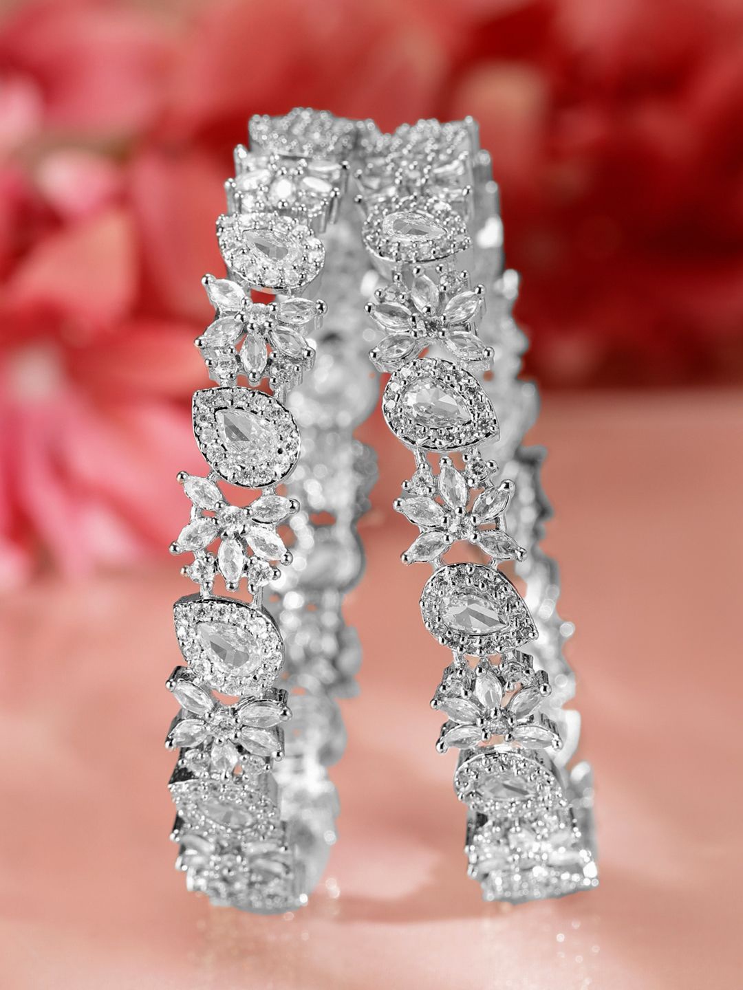 

Rubans Set of 2 Rhodium-Plated Cubic Zirconia Studded Floral Pattern Premium Bangles, Silver