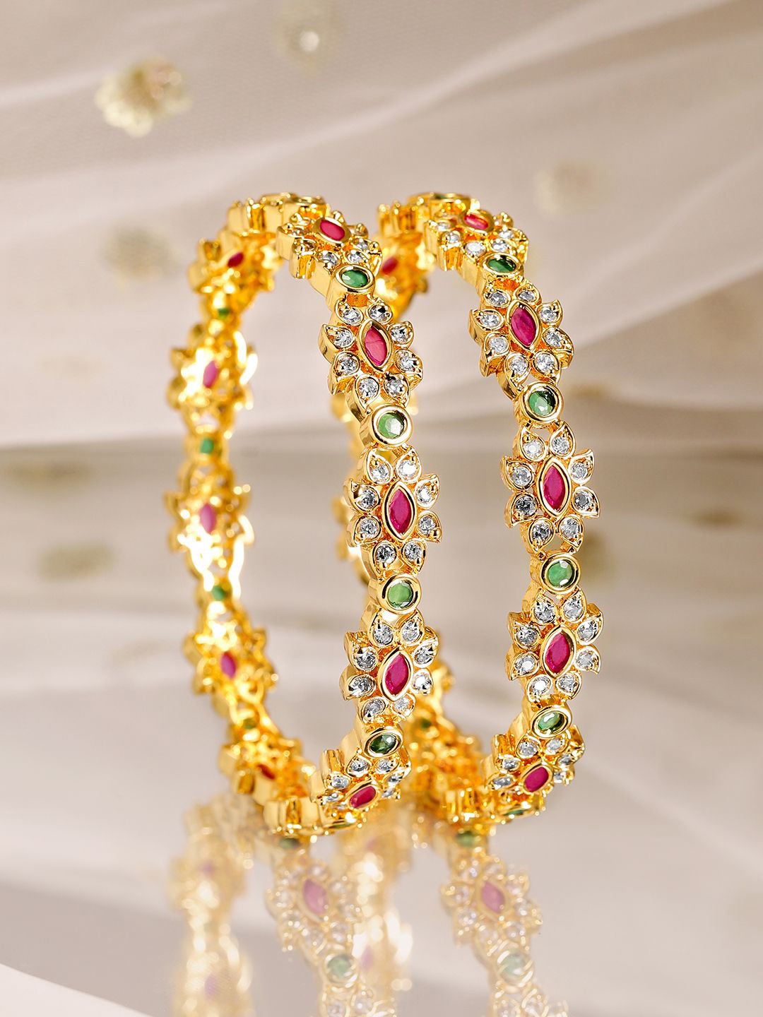 

Rubans Set of 2, 22K Gold-Plated Ruby Pink & Emerald Green Stone Handcrafted Bangles