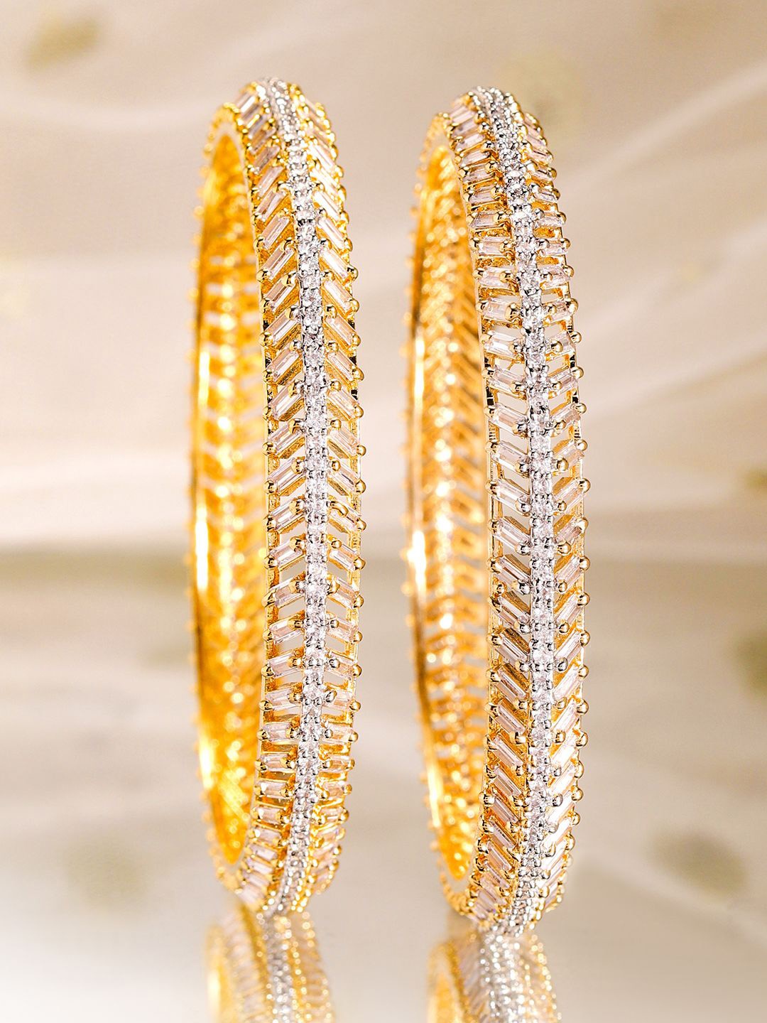 

Rubans 22K Gold-Plated Dual-Tone Cubic Zirconia Studded Handcrafted Bangles