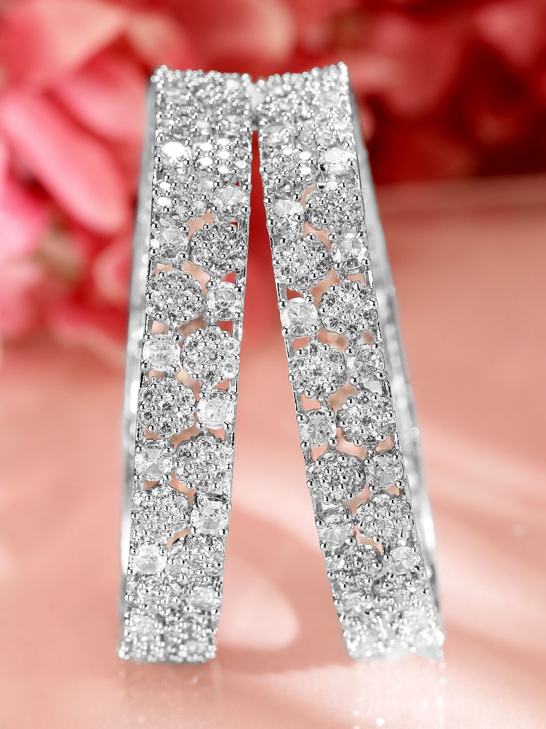 

Rubans Set of 2 Rhodium-Plated AAA Cubic Zirconia Studded Bangles, Silver