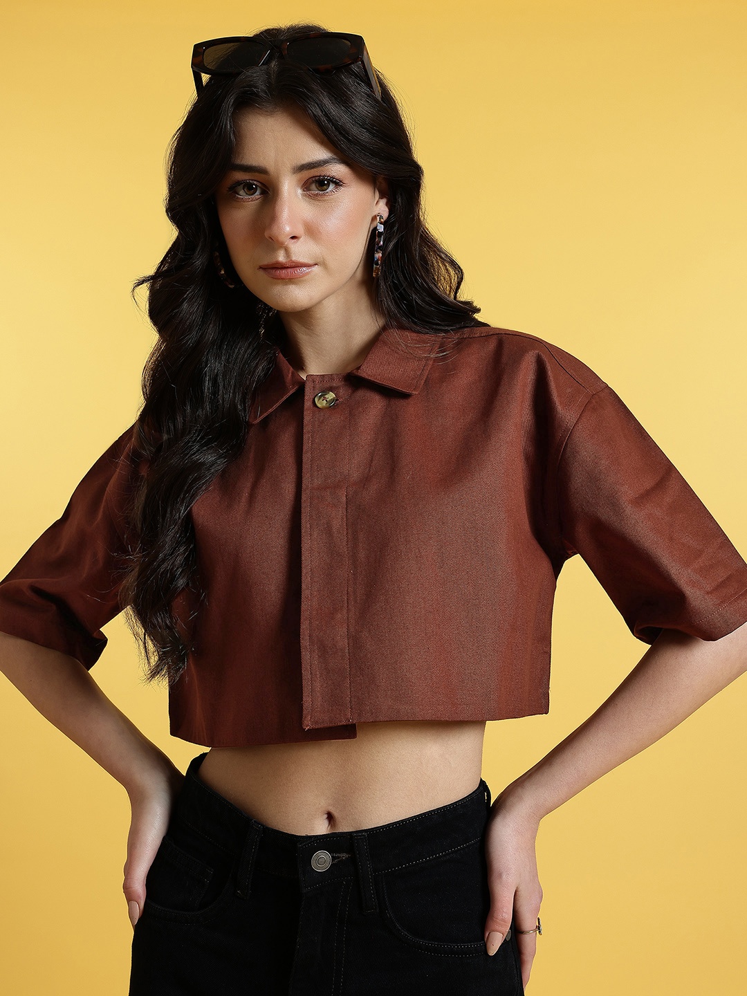 

glitchez Casual Cool Denim Daze Boxy Chic Crop Shirt, Brown