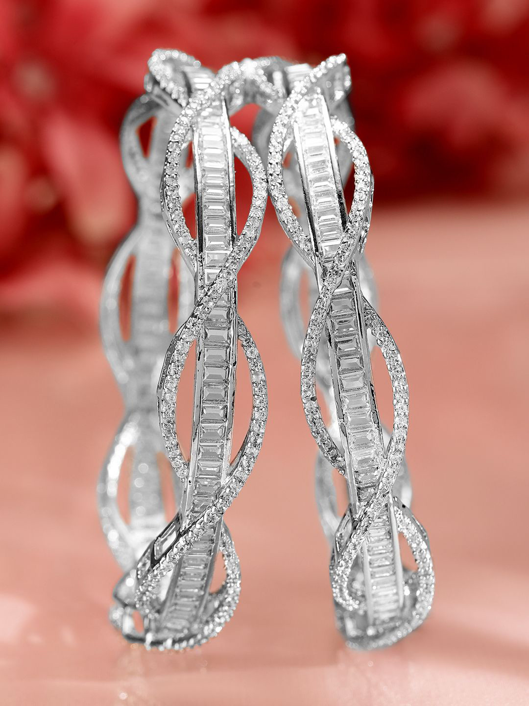 

Rubans Set of 2 Rhodium-Plated Cubic Zirconia Studded Twisted Design Premium Bangles, Silver