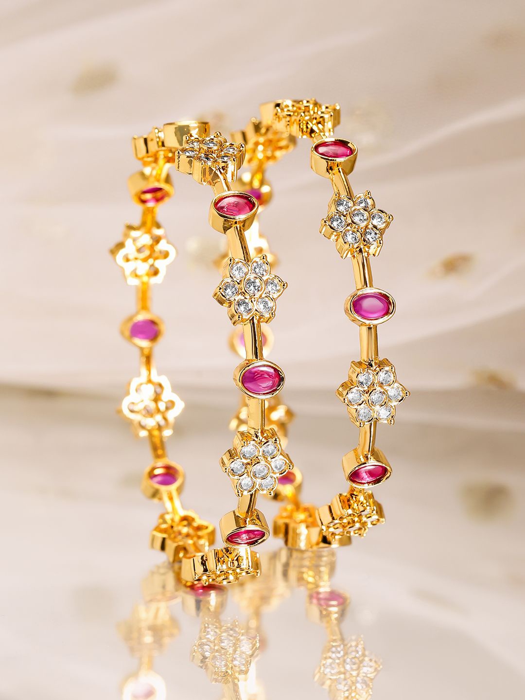 

Rubans Set of 2, 22K Gold-Plated Ruby Pink & Cubic Zirconia Studded Handcrafted Bangles