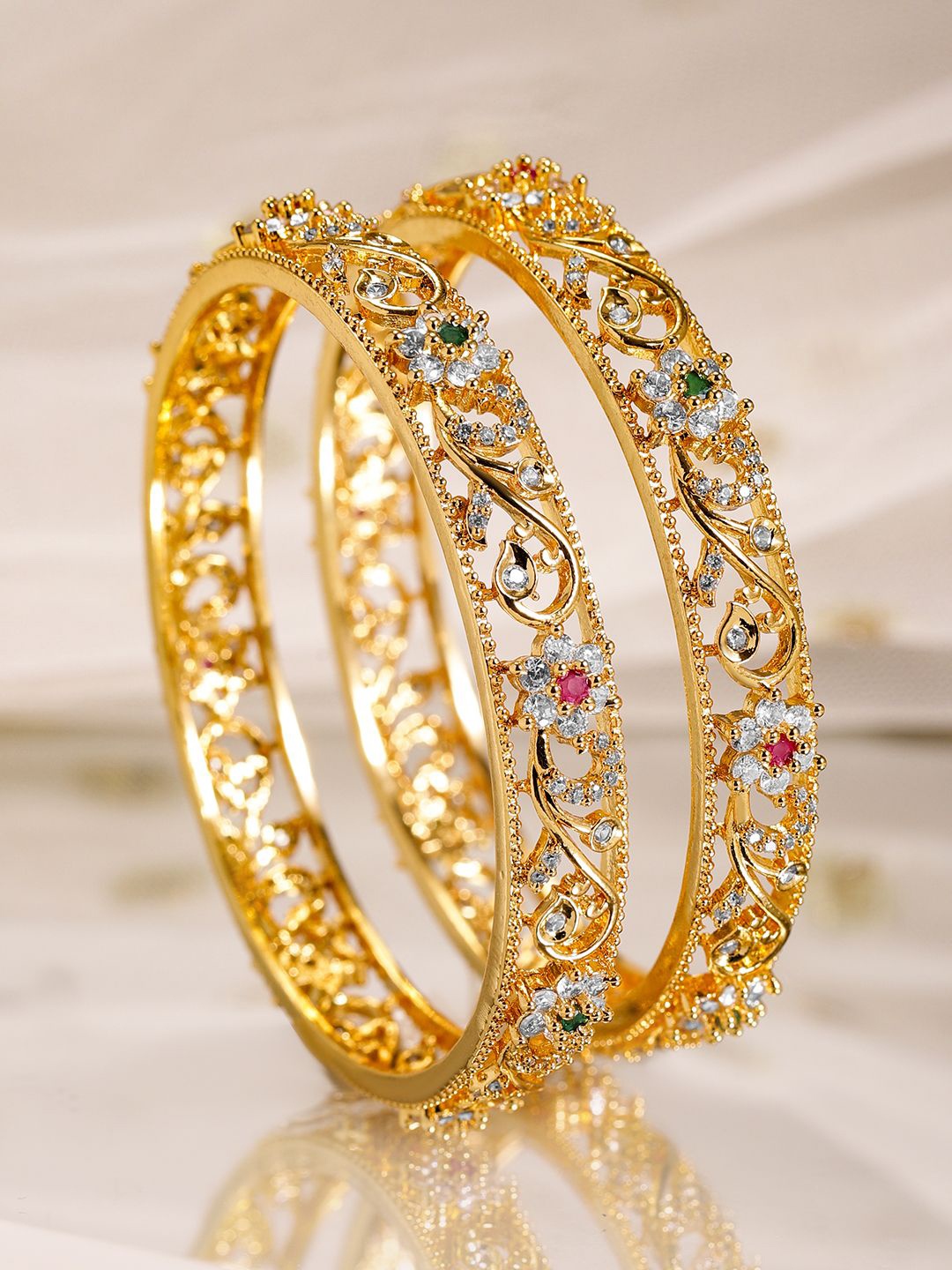 

Rubans Set of 2, 22K Gold-Plated Ruby, Emerald & Cubic Zirconia Studded Bangles