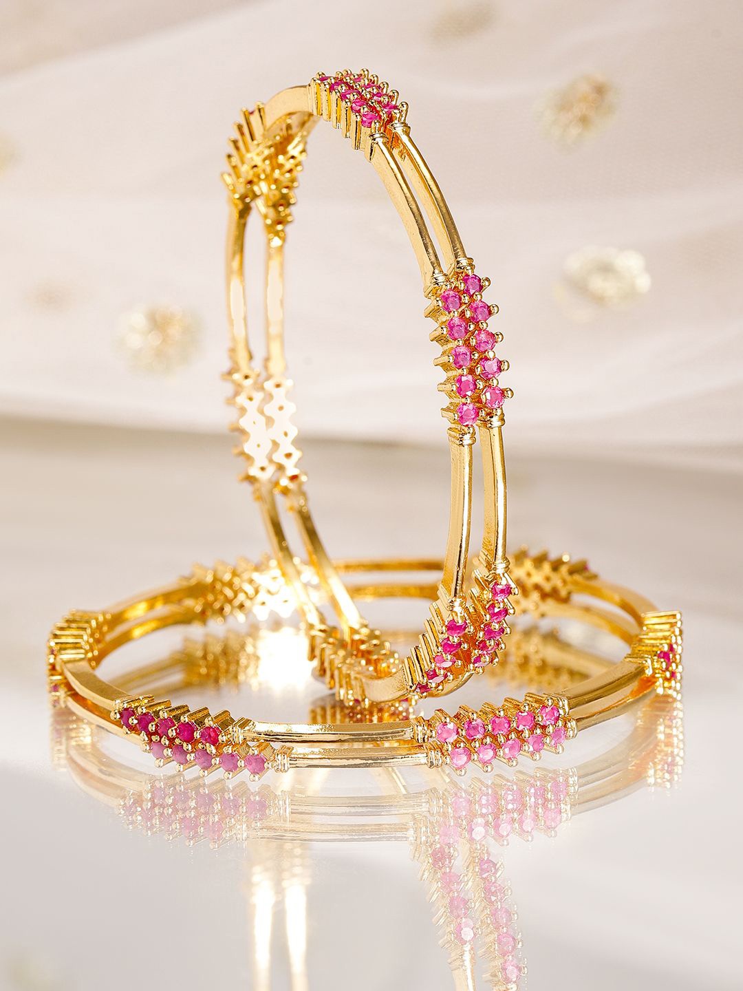 

Rubans Set of 4, 22K Gold-Plated Ruby Pink Stone Studded Handcrafted Bangles