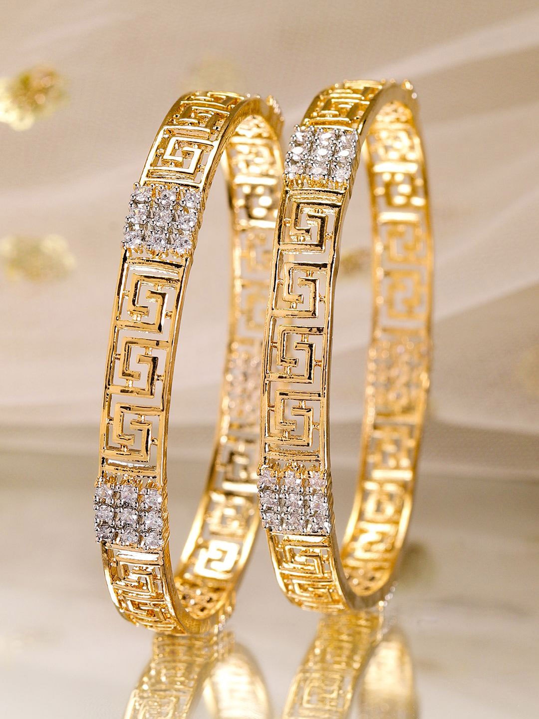 

Rubans Set of 2, 22K Gold-Plated Greek Key Design & Cubic Zirconia Handcrafted Bangles