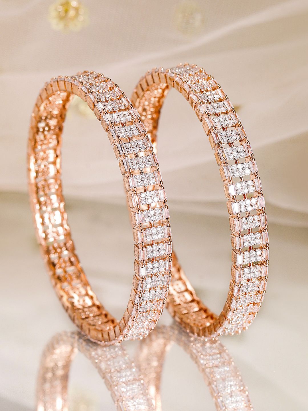 

Rubans Set of 2, 22K Rose Gold-Plated Cubic Zirconia Studded Premium Bangles