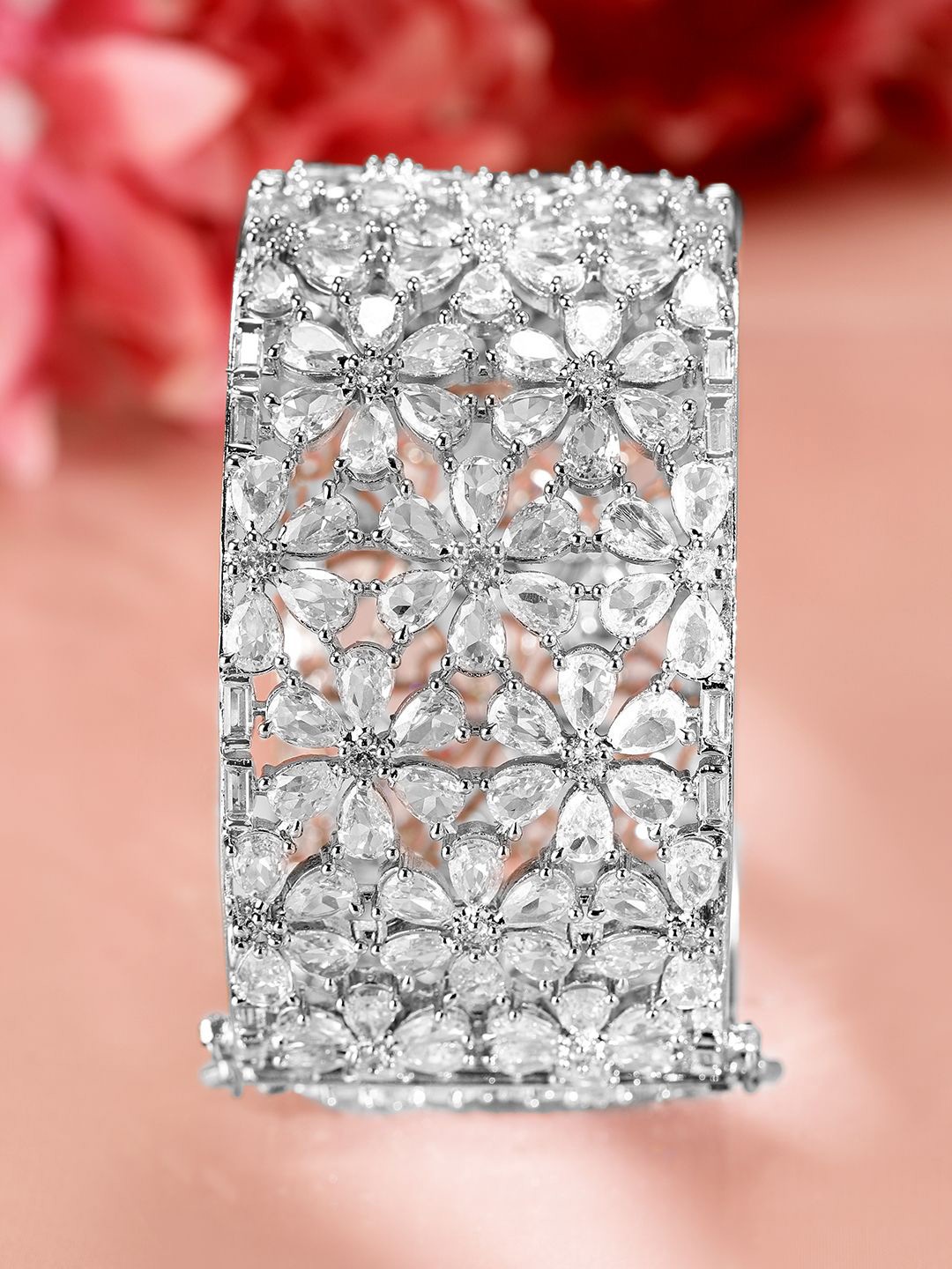 

Rubans Rhodium-Plated AAA Cubic Zirconia Studded Handcrafted Openable Premium Bracelet, Silver