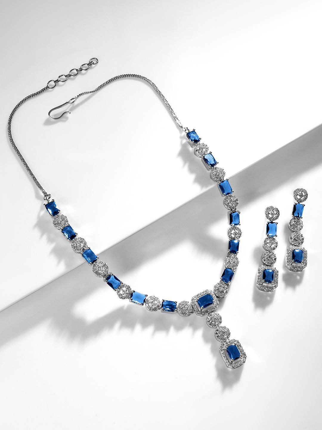 

Rubans Rhodium-Plated Blue AD & Cubic Zirconia Studded Statement Jewelry Set, Silver