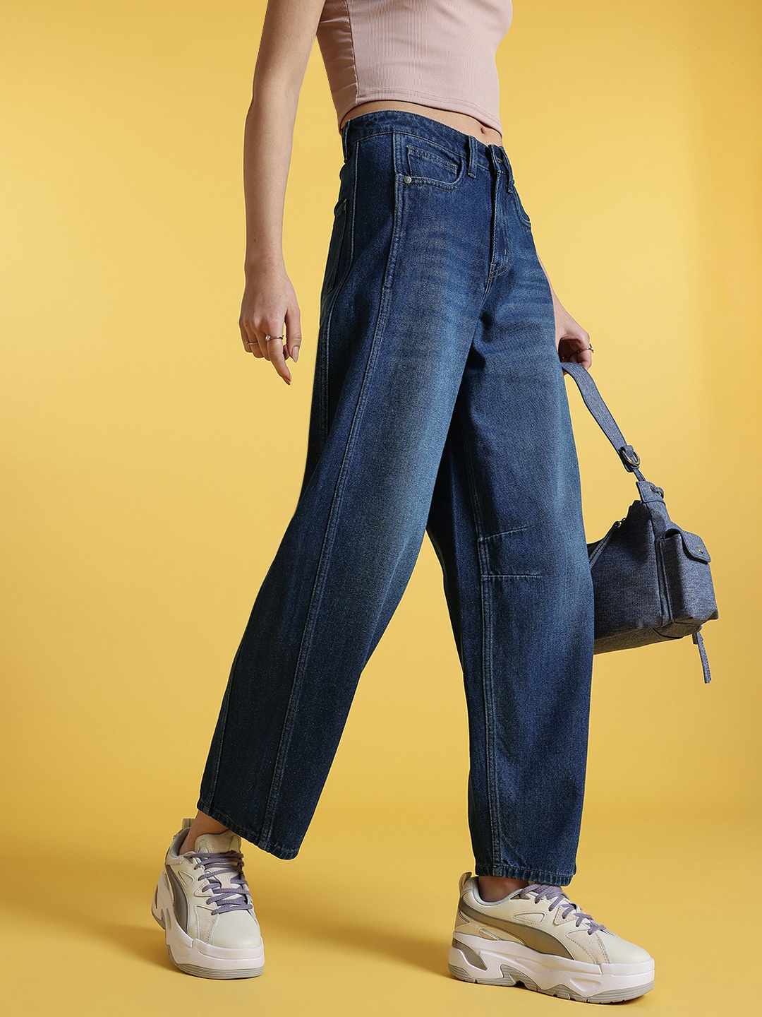 

glitchez Women Fade Away Baggy Barrel Fit Jeans, Navy blue