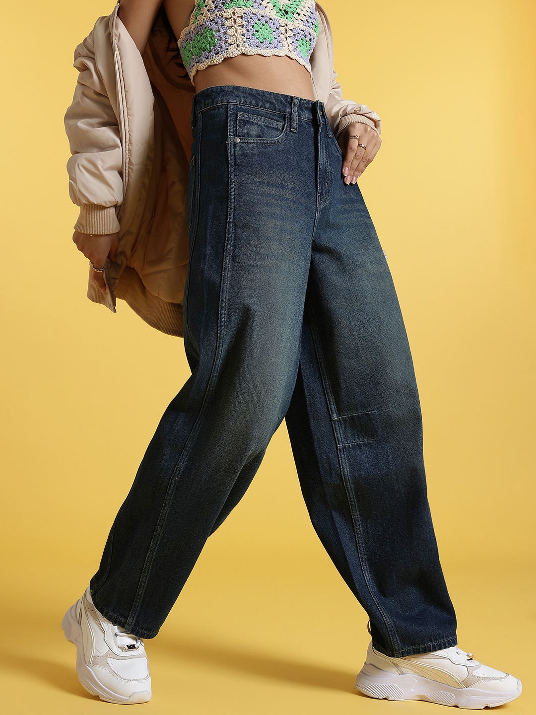 

glitchez Women Retro Fade Baggy Barrel Fit Jeans, Navy blue