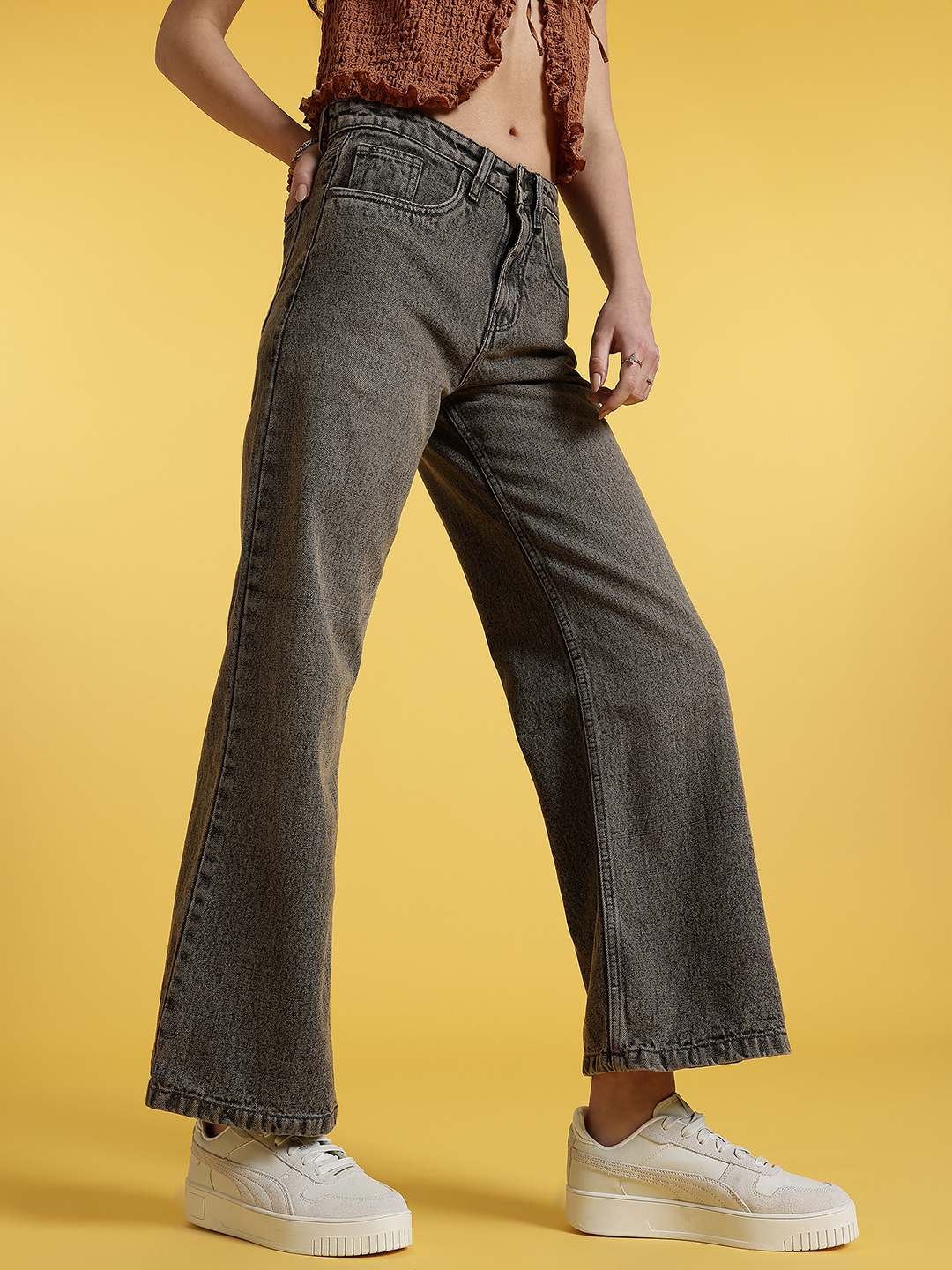 

glitchez Women Vintage Fade Relaxed Wide Leg Jeans, Charcoal