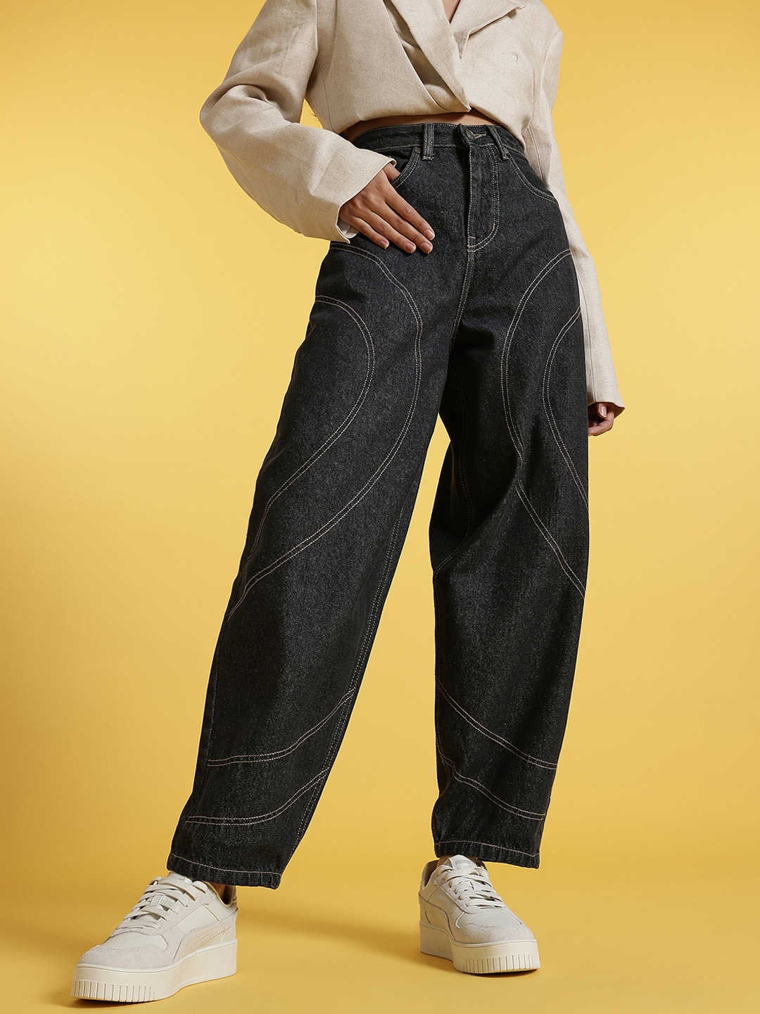 

glitchez Women Effortless Baggy Thread-Work Jeans, Black