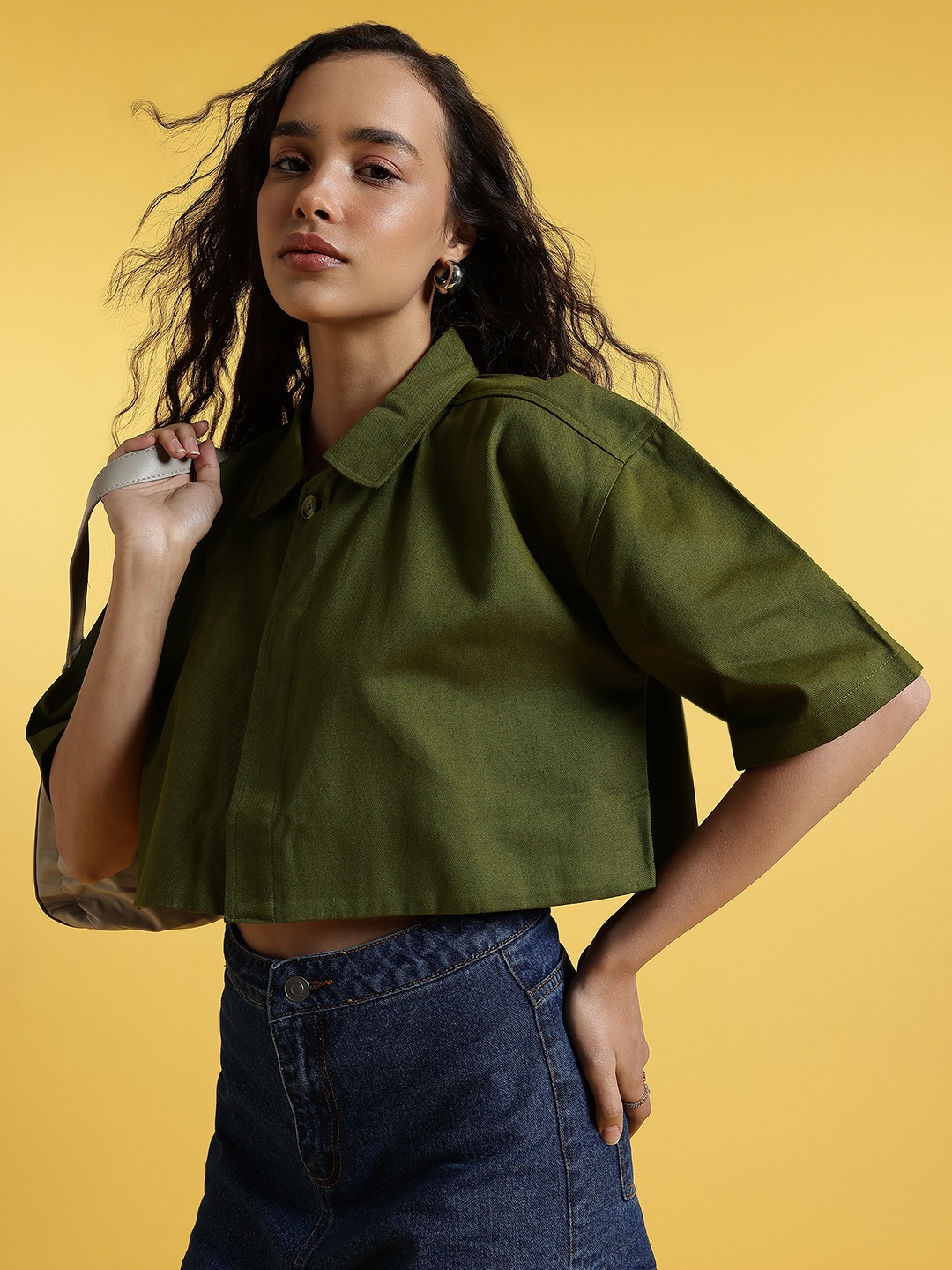 

glitchez City Slick Divine Denim Boxy Crop Shirt, Olive