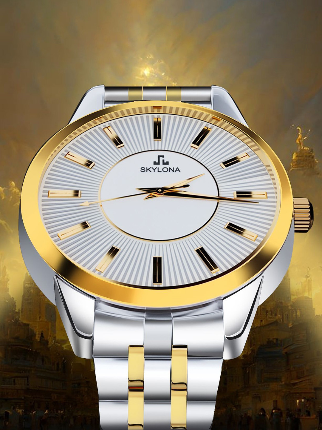 

SKYLONA Men Dial & Stainless Steel Straps Analogue Watch IGP Two Tone, White