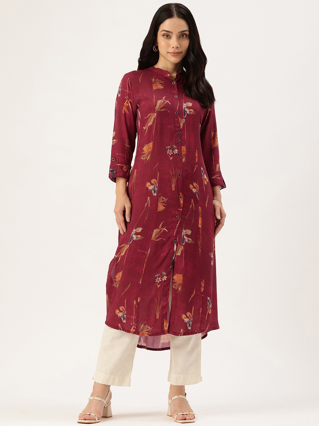 

AMUKTI Floral Printed A Line Kurta, Red