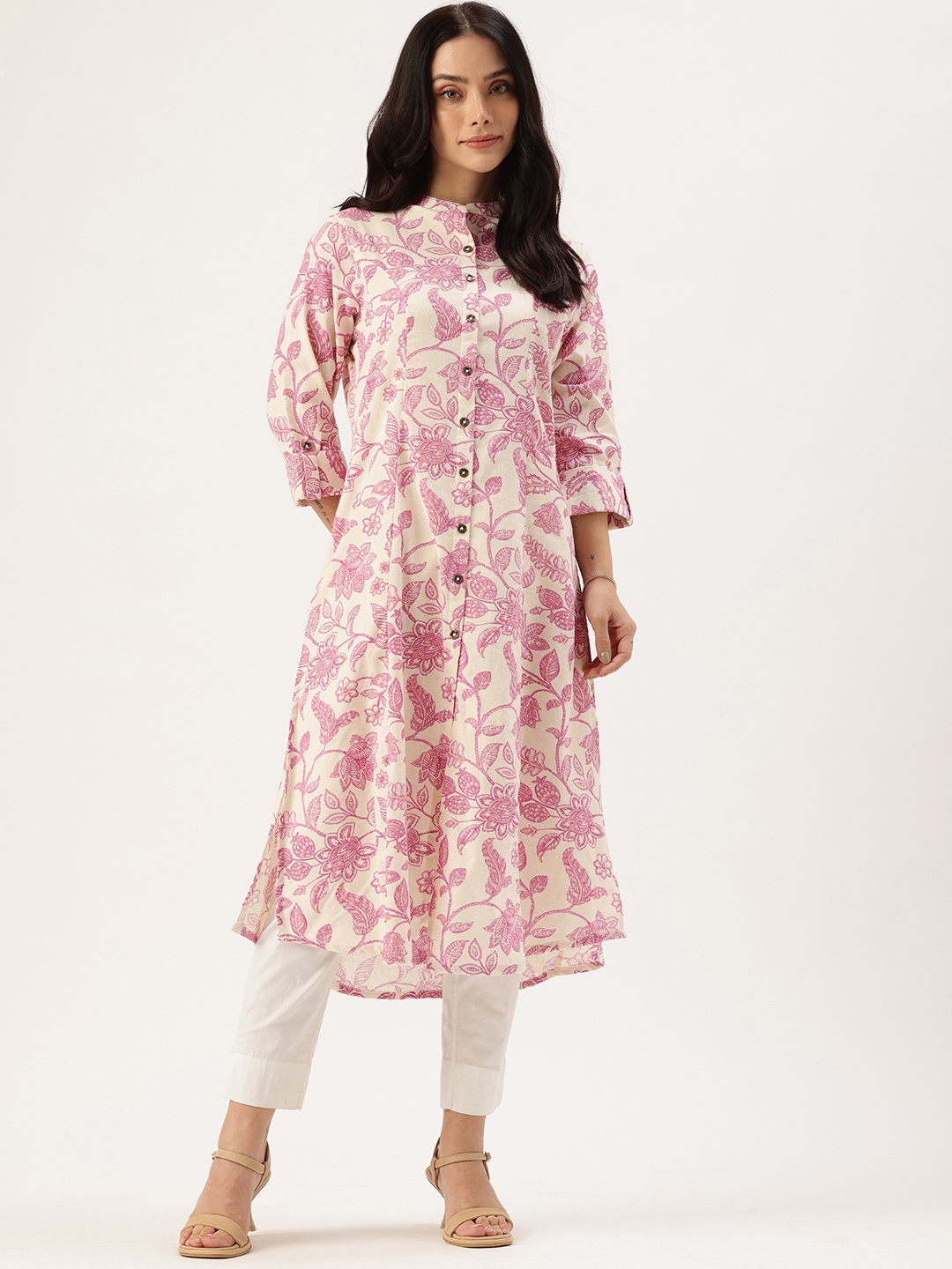 

AMUKTI Floral Printed Pure Cotton A Line Kurta Kurta, Beige