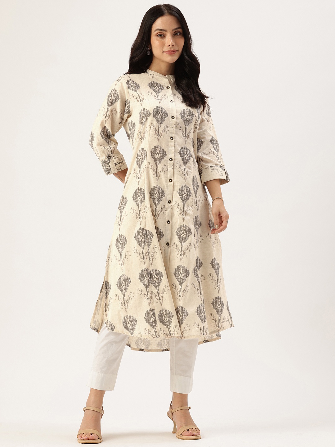 

AMUKTI Ethnic Motifs Printed Pure Cotton A Line Kurta Kurta, Beige