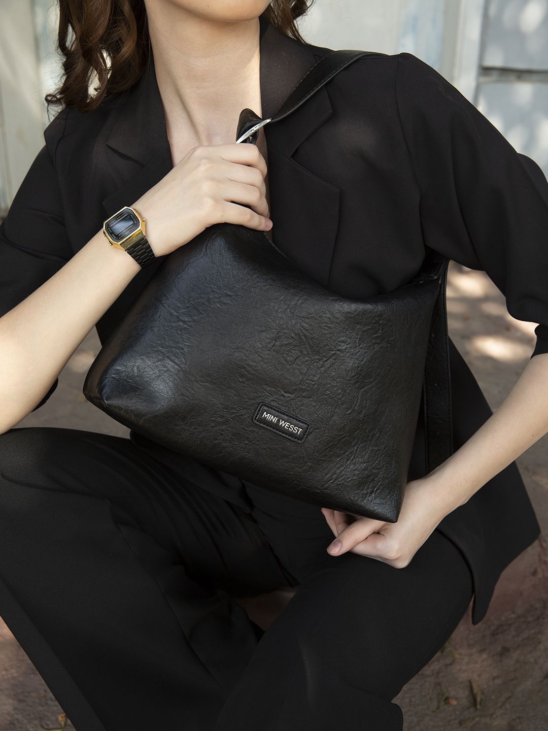 

MINI WESST Women Textured Structured Shoulder Bag, Black