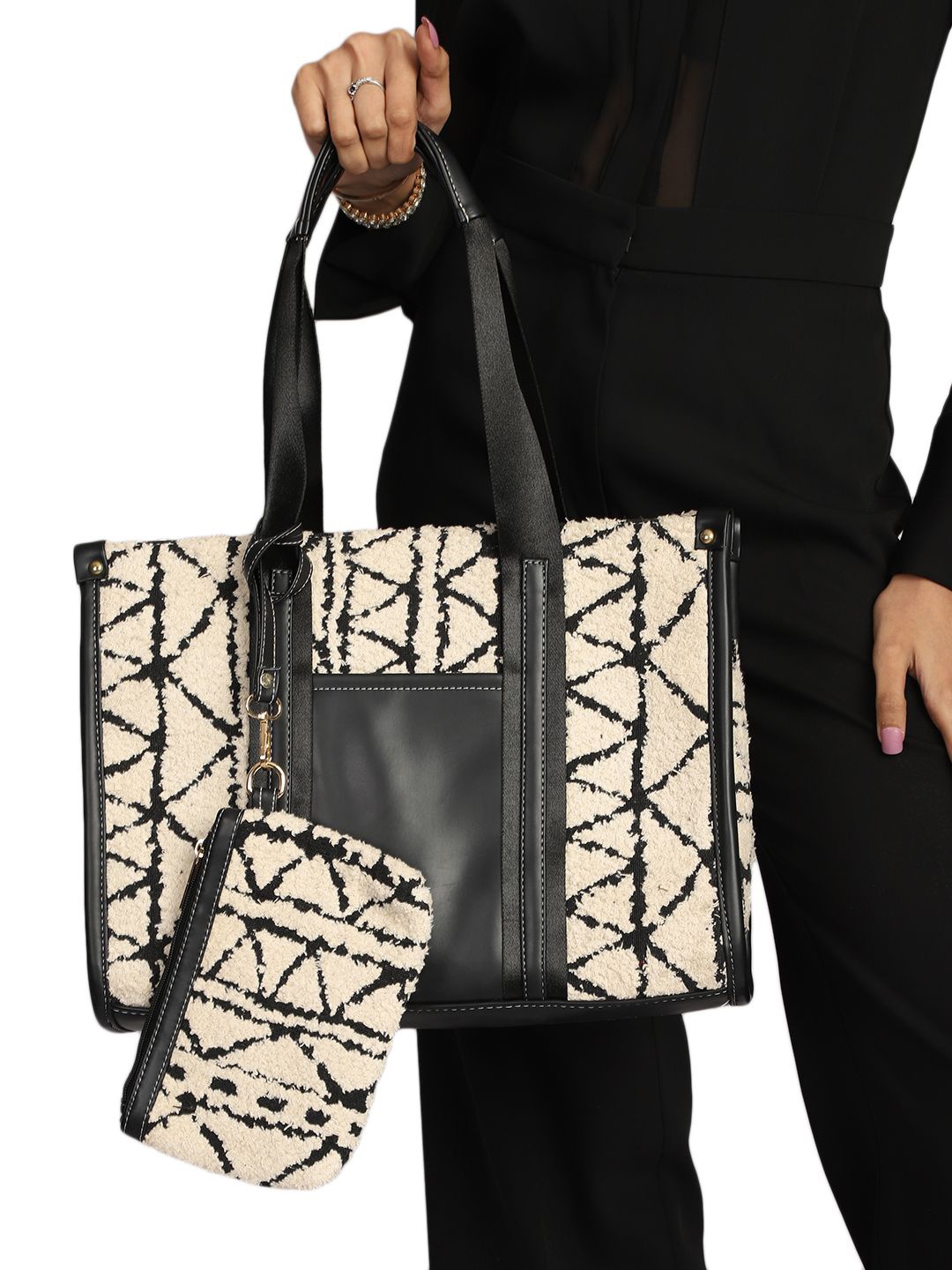 

MINI WESST Women Abstract Printed Structured Shoulder Bag With Pouch, Beige