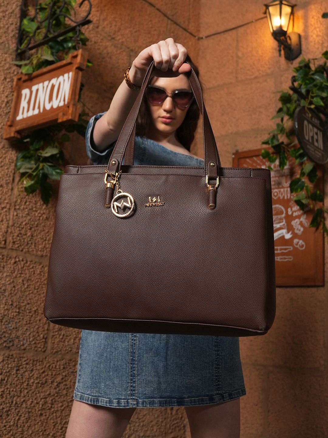 

MINI WESST Women Textured Structured Shoulder Bag, Brown