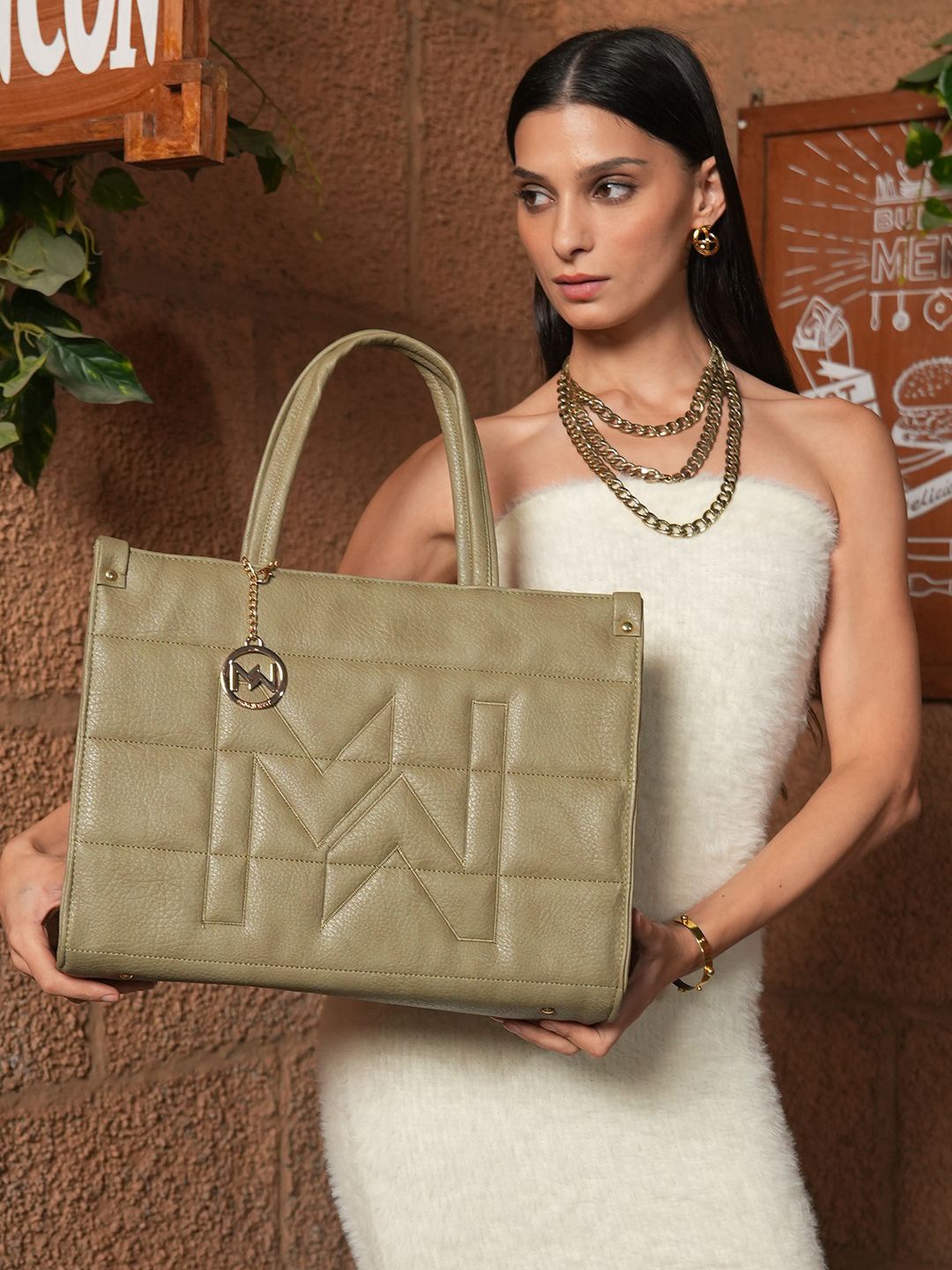 

MINI WESST Women Textured Structured Shoulder Bag, Olive