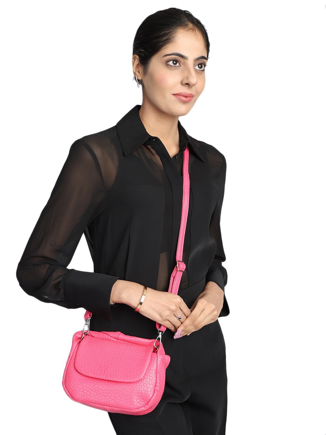 

MINI WESST Women Textured Structured Sling Bag, Pink