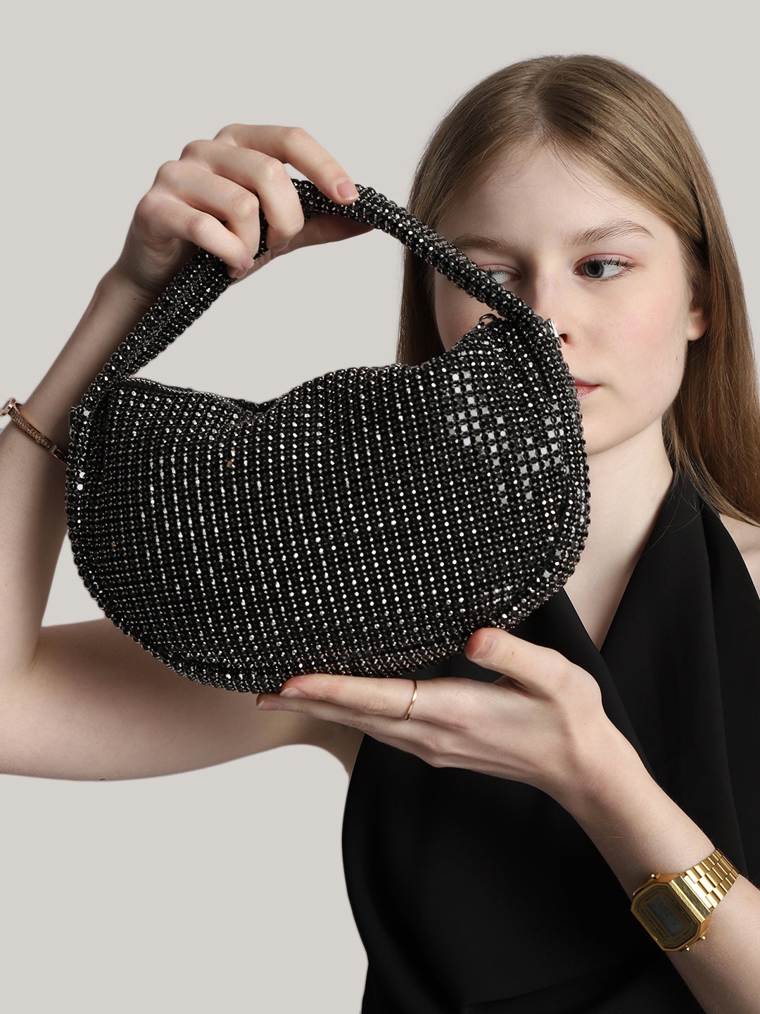 

MINI WESST Women Embellished Half Moon Handheld Bag, Black