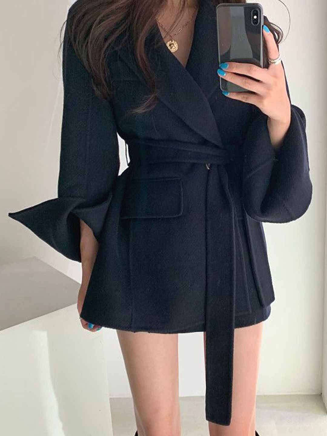 

LULU & SKY Women Notched Lapel Single-Breasted Overcoat, Black