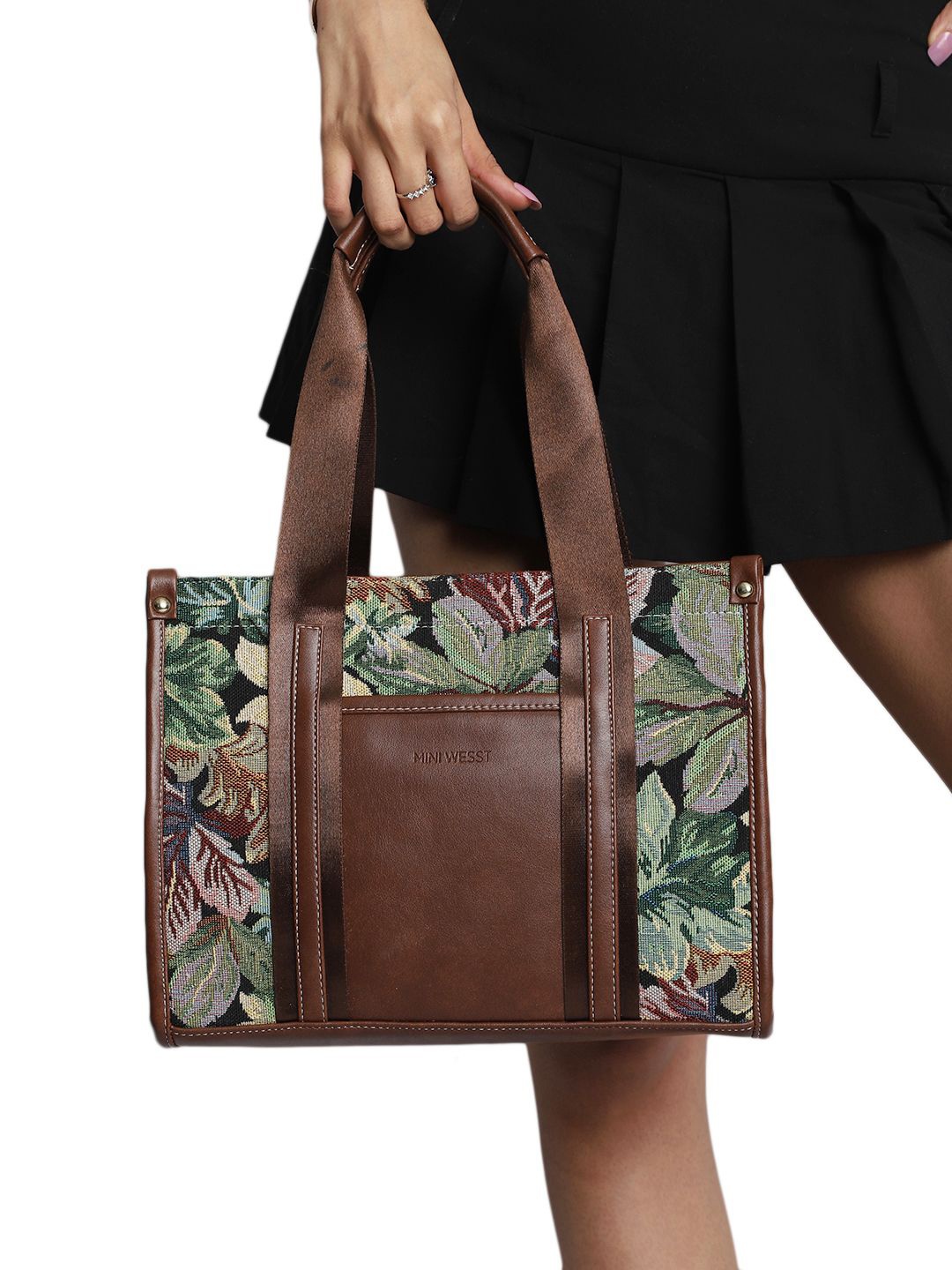 

MINI WESST Women Leafy Affair Floral Printed Shopper Handheld Bag, Brown