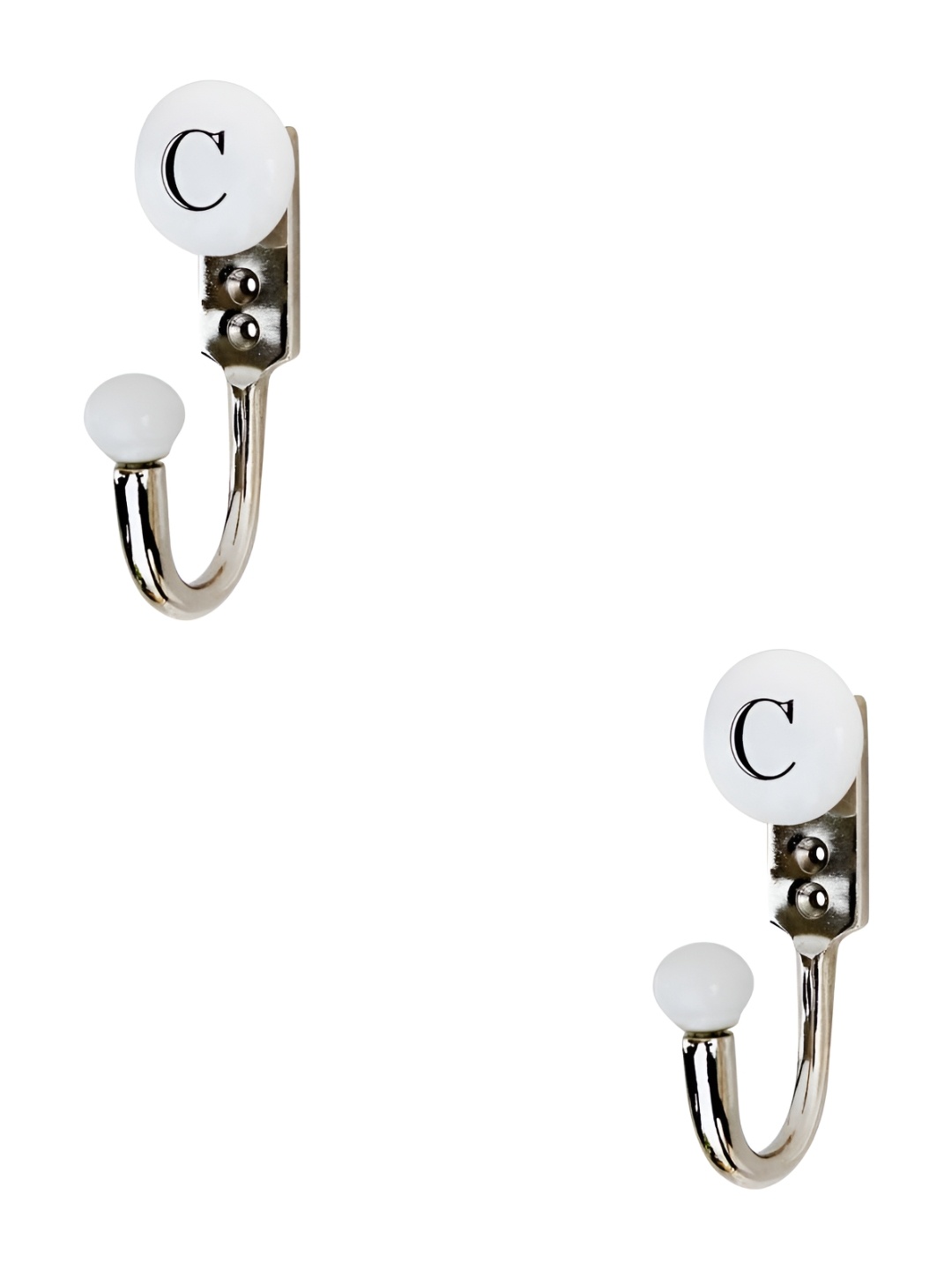 

IndianShelf White & Silver Toned 2 Pieces C Letter Printed Ceramic & Zinc Wall Hooks